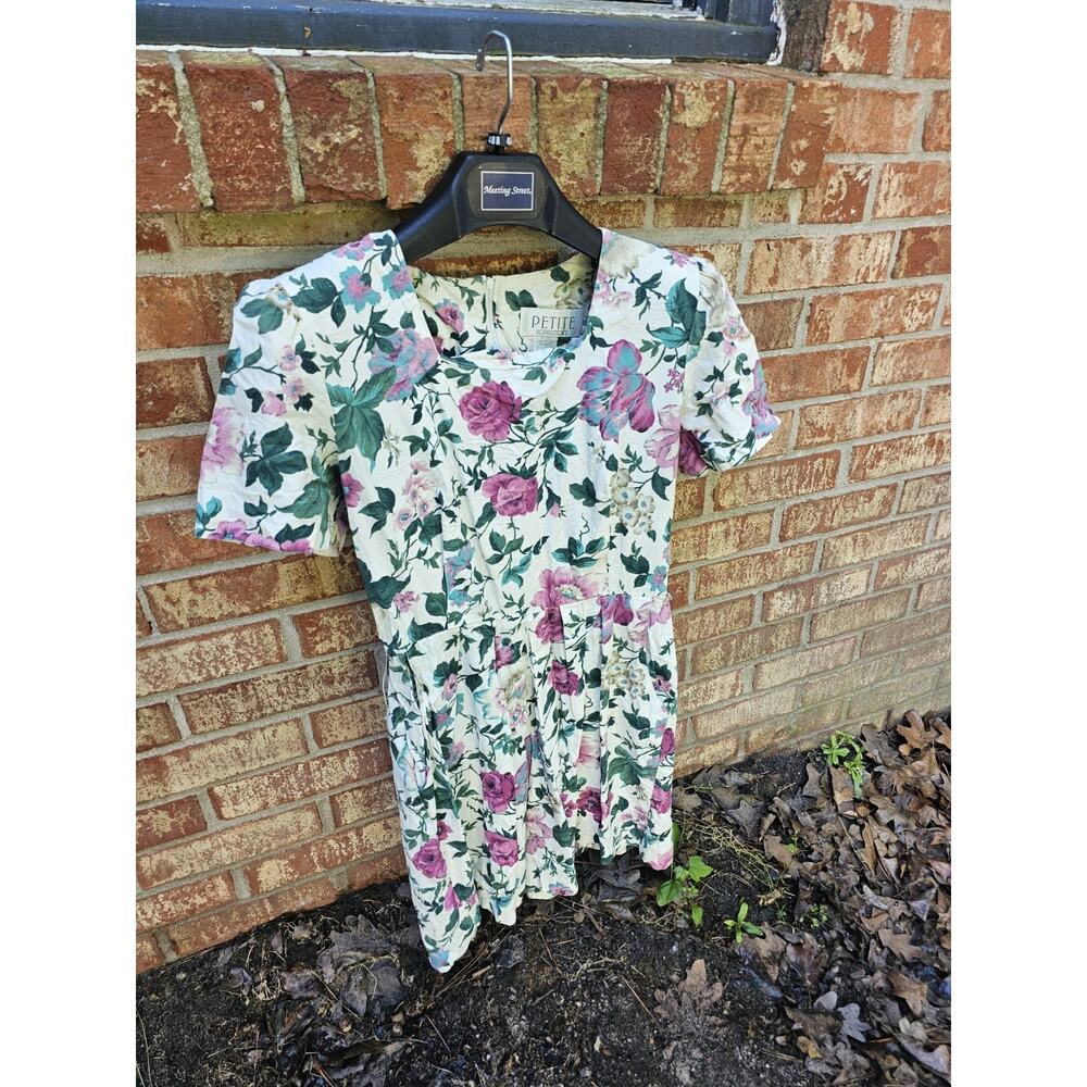 Vintage 80s Floral Dress Square Neck Pleated Fit & Flare Cottagecore Modest 8